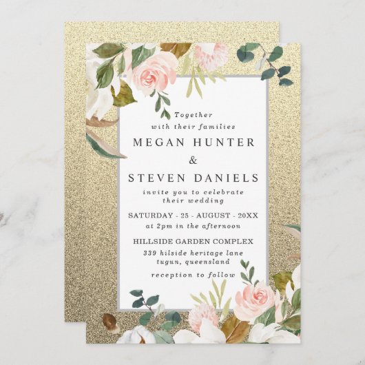 ゴールデングリッター赤面ホワイトフローラエレガントな結婚式 招待状 (正面/裏面)