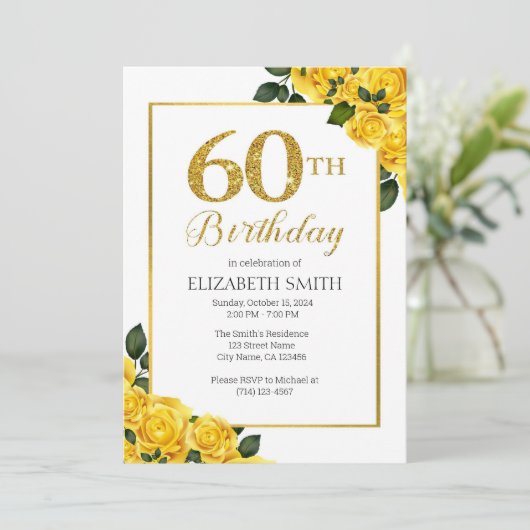 ゴールデングリッター60番目の誕生日招待状テンプレート 招待状 (スタンド正面)