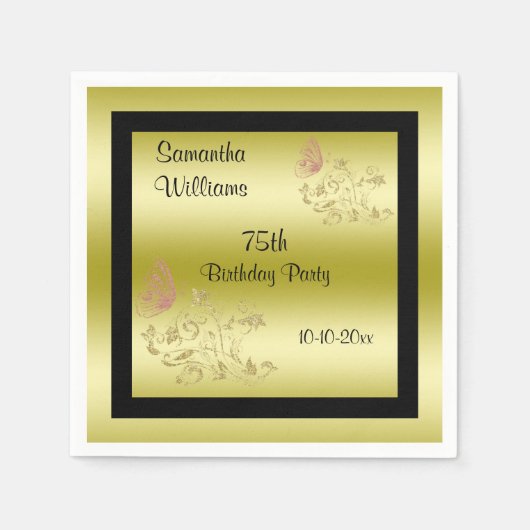 ゴールデングリッター&スパークリバタフライ75誕生日 スタンダードカクテルナプキン (正面)