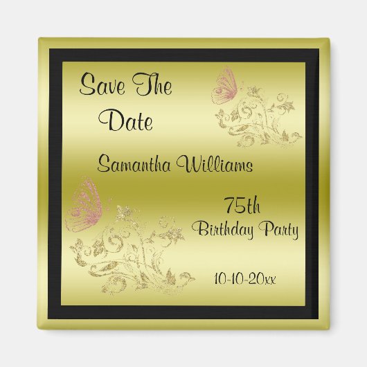 ゴールデングリッター&スパークリバタフライ75誕生日 マグネット (正面)