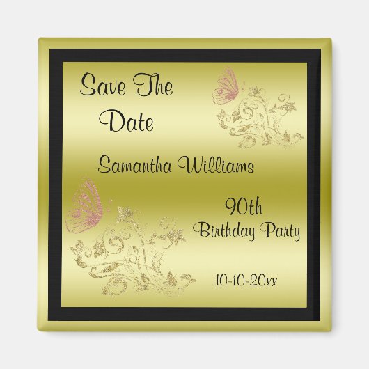 ゴールデングリッター&スパークリーブラティバタフライ90誕生日 マグネット (正面)