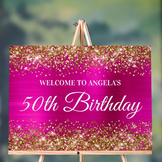 ゴールデングリッター ホットピンク フォイル 50歳の誕生日 おめでとう アクリルサイン (ニュートラル)