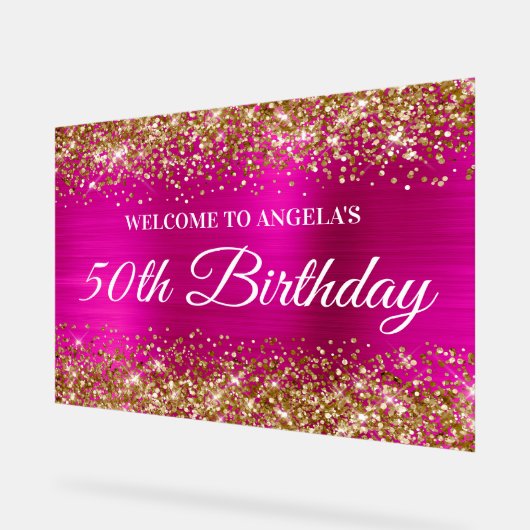 ゴールデングリッター ホットピンク フォイル 50歳の誕生日 おめでとう アクリルサイン (傾斜)
