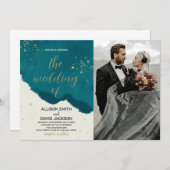 ゴールデングリーンアート結婚式招待状と写真 招待状 (正面/裏面)