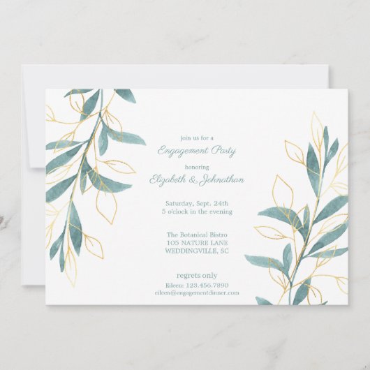 ゴールデングリーンウォーターカラーフローラ婚約パーティ 招待状 (正面)