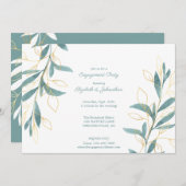 ゴールデングリーンウォーターカラーフローラ婚約パーティ 招待状 (正面/裏面)