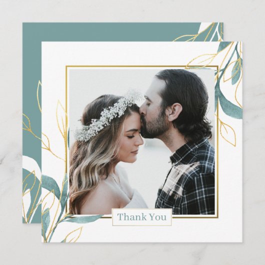 ゴールデングリーンウォーター色のフローラ結婚ズ サンキューカード (正面/裏面)
