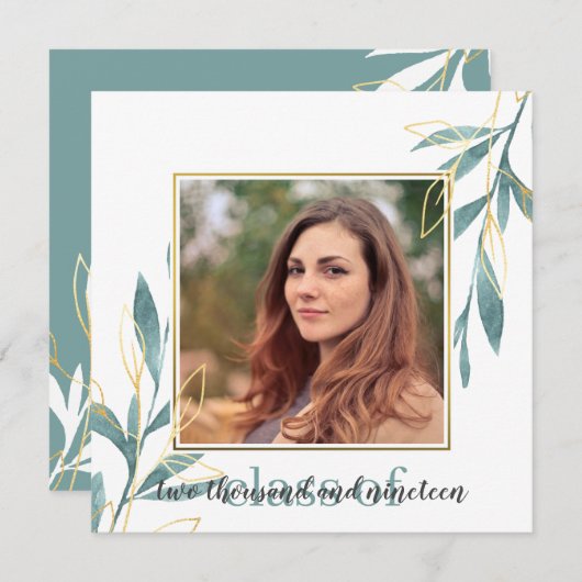 ゴールデングリーンウォーター色フローラ卒業 招待状 (正面/裏面)