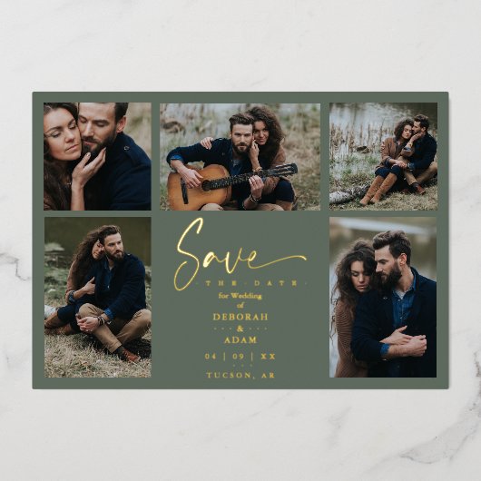 ゴールデングリーンシックトレンディー結婚コラージュの5枚の写真 箔招待状 (正面)