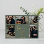 ゴールデングリーンシックトレンディー結婚コラージュの5枚の写真 箔招待状 (立ち正面)