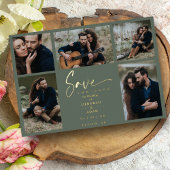 ゴールデングリーンシックトレンディー結婚コラージュの5枚の写真 箔招待状