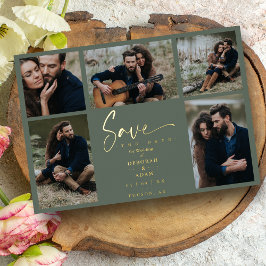 ゴールデングリーンシックトレンディー結婚コラージュの5枚の写真 箔招待状