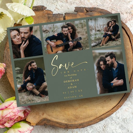 ゴールデングリーンシックトレンディー結婚コラージュの5枚の写真 箔招待状