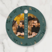 ゴールデングリーンティール（緑がかった色）ツーフォトクリスマスホリデー フェイバータグ (裏面)