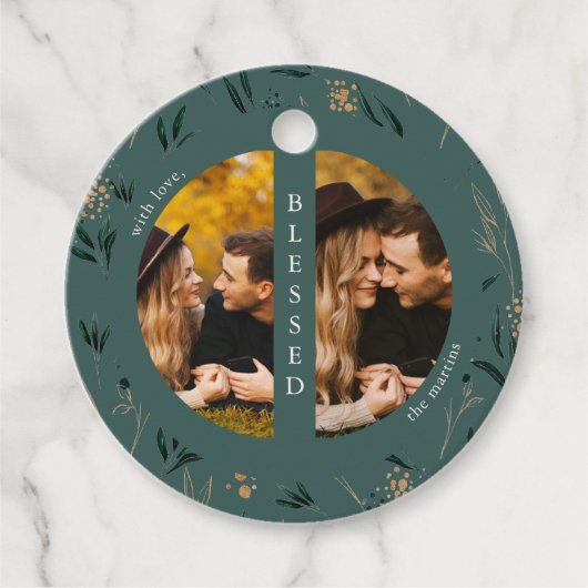 ゴールデングリーンティール（緑がかった色）ツーフォトクリスマスホリデー フェイバータグ (正面)