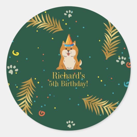 ゴールデングリーンパピードッグキッドの誕生日 ラウンドシール (正面)