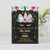 ゴールデングリーンブラックユニコーン誕生日招待状 招待状 (スタンド正面)