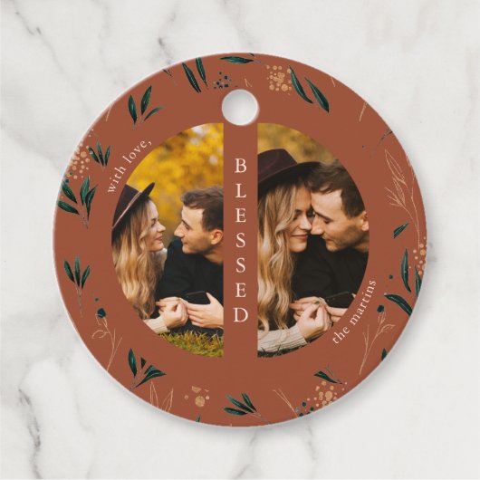 ゴールデングリーンリーテラコッタフォトクリスマスホリデー フェイバータグ (正面)