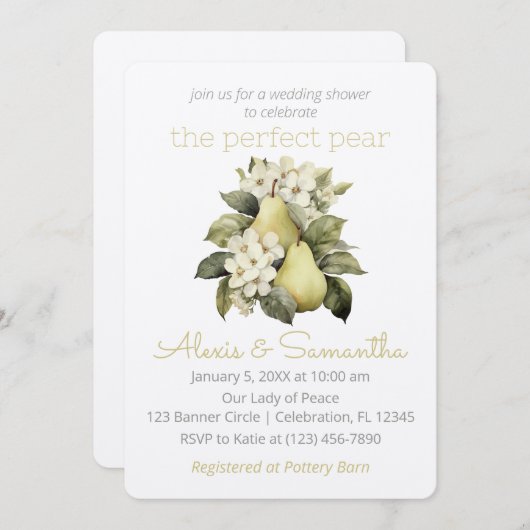 ゴールデングリーン梨ウェディングシャワー招待状 招待状 (正面/裏面)