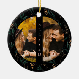 ゴールデングリーン賛美タイポグラフィ2フォトブラック セラミックオーナメント