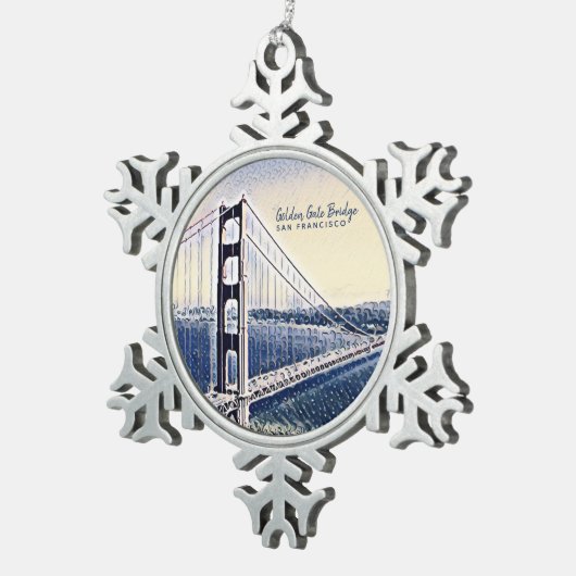 ゴールデンゲートブリッジサンフランシスコウォーターカラーアート スノーフレークピューターオーナメント (右)