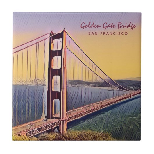ゴールデンゲートブリッジサンフランシスコ絵画ヴィンテージ タイル (正面)
