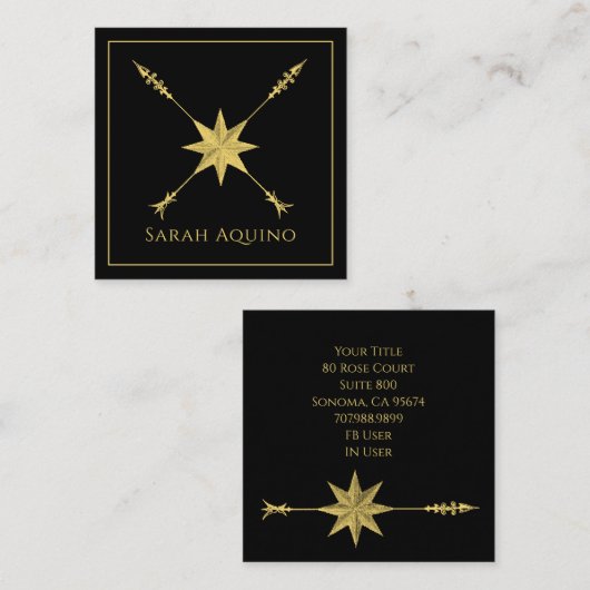 ゴールデンコンパスバラと矢印オンブラック スクエア名刺 (正面/裏面)