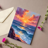 ゴールデンコーストの海の夕焼け水彩画カード