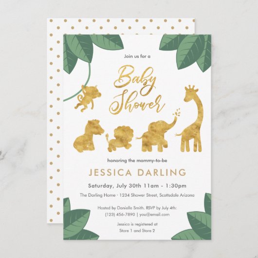 ゴールデンサファリ男女兼用ー動物の赤ちゃんシャワー 招待状 (正面/裏面)