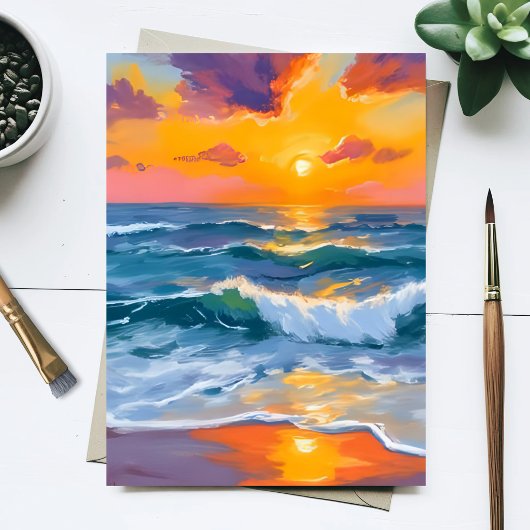 ゴールデンサンセットウェーブ水彩画 ポストカード
