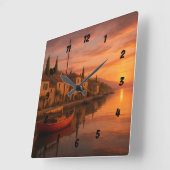 ゴールデンサンセットオーバーコースタルヴィレッジ スクエア壁時計 (傾斜)