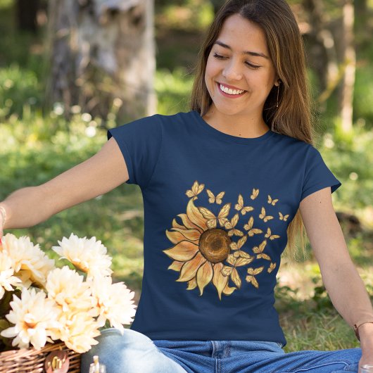 ゴールデンサンフラワーとイエローバタフライモンタージュ Tシャツ