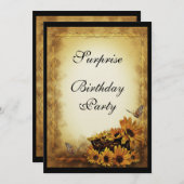 ゴールデンサンフラワーズ&バタフライズサプライズ誕生日 招待状 (正面/裏面)