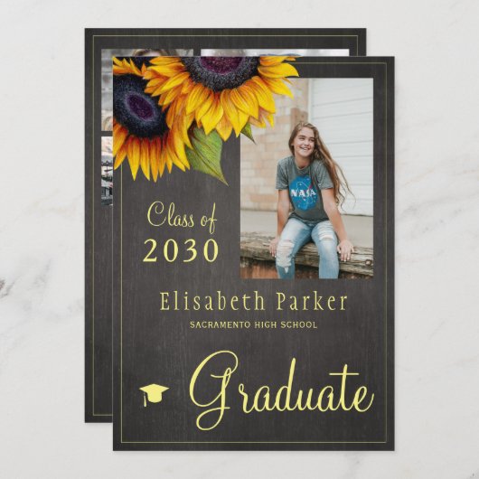 ゴールデンサンフラワーフォトコラージュ卒業パーティー 招待状 (正面/裏面)