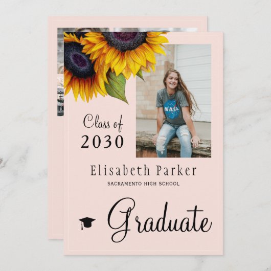 ゴールデンサンフラワーフォトコラージュ卒業パーティー 招待状 (正面/裏面)