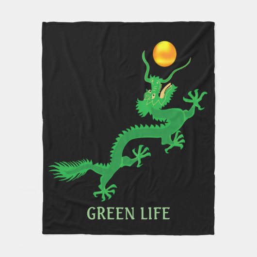 ゴールデンサンボールが黒に浮かぶ緑の龍 フリースブランケット (正面)
