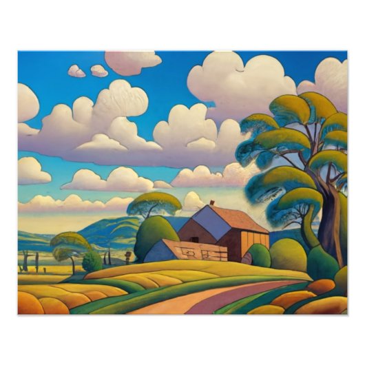 ゴールデンサンライトに包まれたカントリーファームハウス フォトプリント (正面)