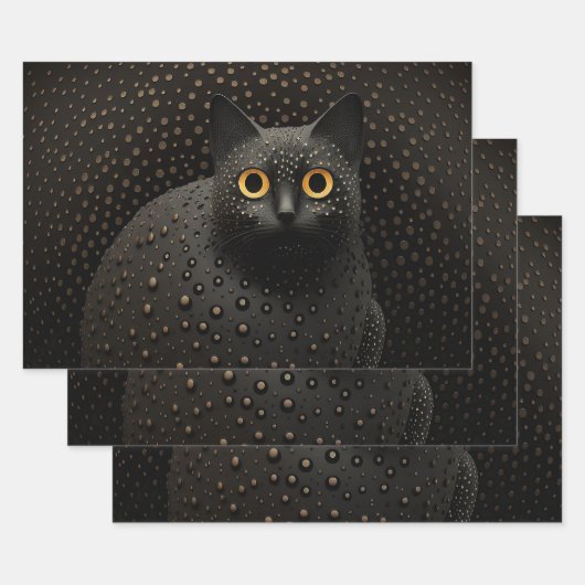 ゴールデンサークルアイ付き太った黒猫 ラッピングペーパーシート (セット)