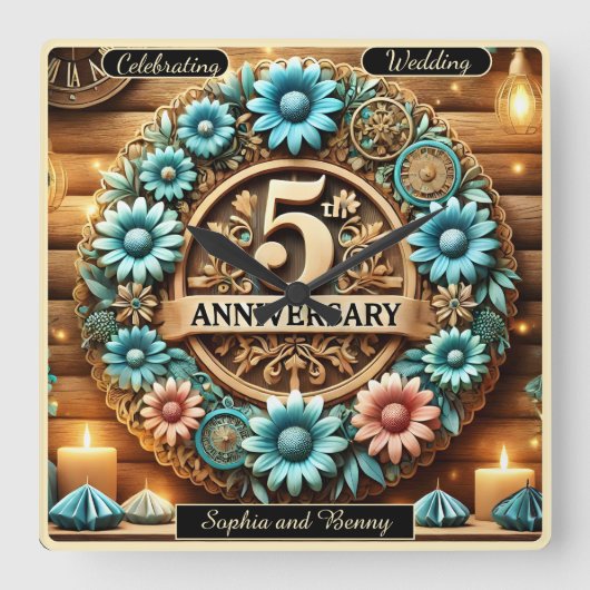 ゴールデンサークル:5周年記念フローラ制作 スクエア壁時計 (正面)