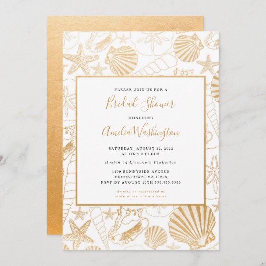 ゴールデンシェルブライダルシャワー招待状、ビーチテーマ 招待状 (正面/裏面)