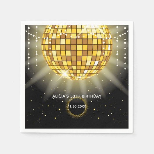 ゴールデンシャイニーディスコボールブラック誕生日 スタンダードカクテルナプキン (正面)