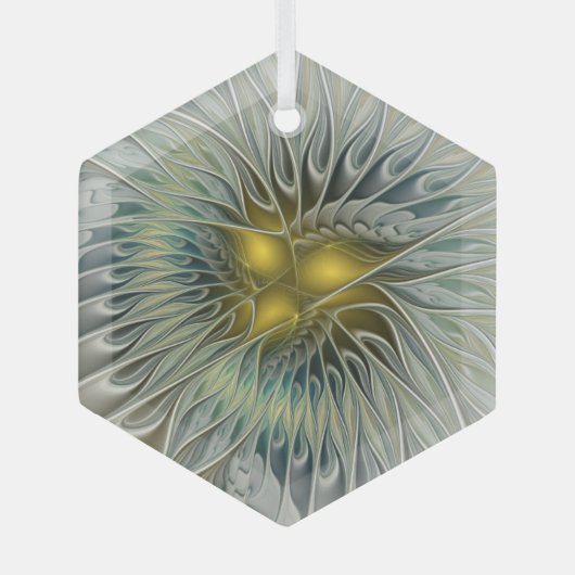 ゴールデンシルバーフラワーファンタジー抽象芸術フラクタル ガラスオーナメント (正面)