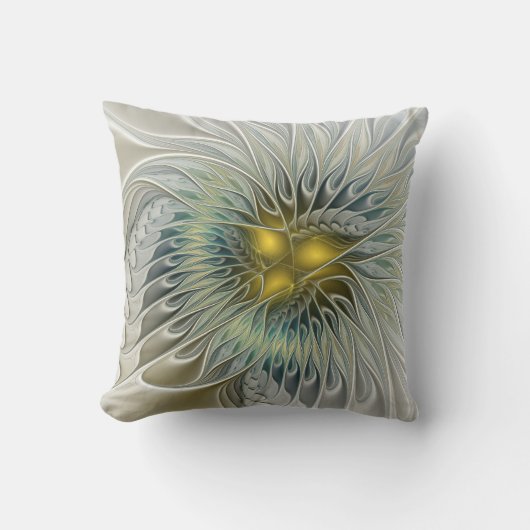 ゴールデンシルバーフラワーファンタジー抽象芸術フラクタル クッション (正面)