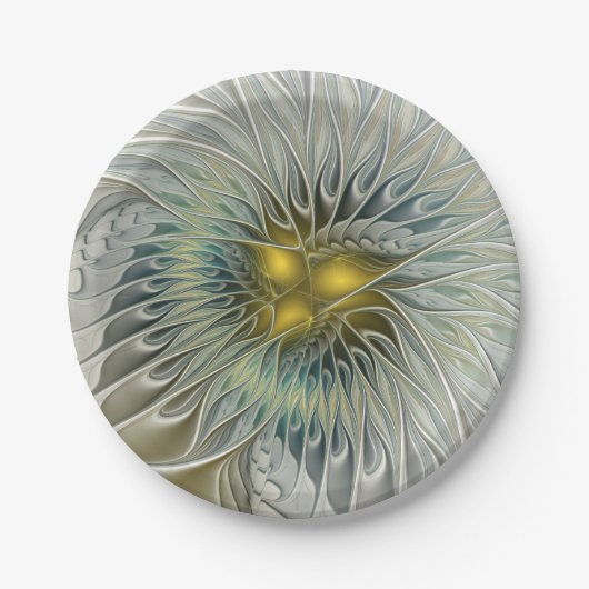 ゴールデンシルバーフラワーファンタジー抽象芸術フラクタル ペーパープレート (正面)
