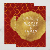 ゴールデンシールホイルの鮮やかな赤いインドとモロッコの結婚式 招待状 (正面/裏面)