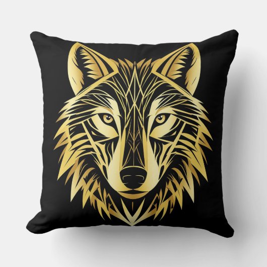 ゴールデンジオメトリックウルフイラストレーション クッション (正面)