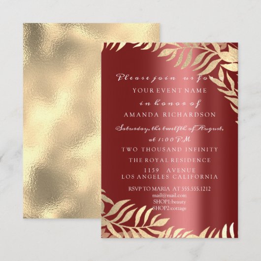 ゴールデンジャングル バーガンディ エレガント ウェディング バースデー 招待状 (正面/裏面)