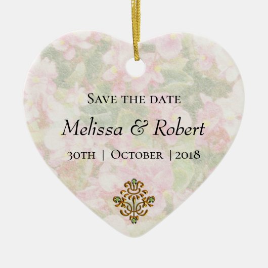ゴールデンジュエリーフローラ結婚式の日付を保存 セラミックオーナメント (正面)