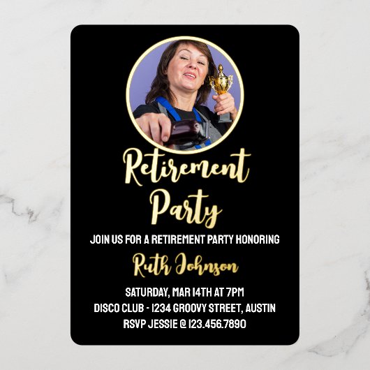 ゴールデンスクリプトの退職パーティー写真 箔招待状 (正面)