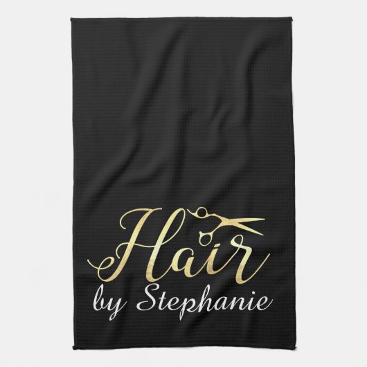 ゴールデンスクリプトハサミヘアスタイリストのヘアサロン キッチンタオル (縦)